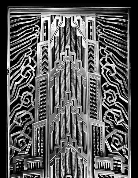 Bronze lobby gate with a stepped tower motif