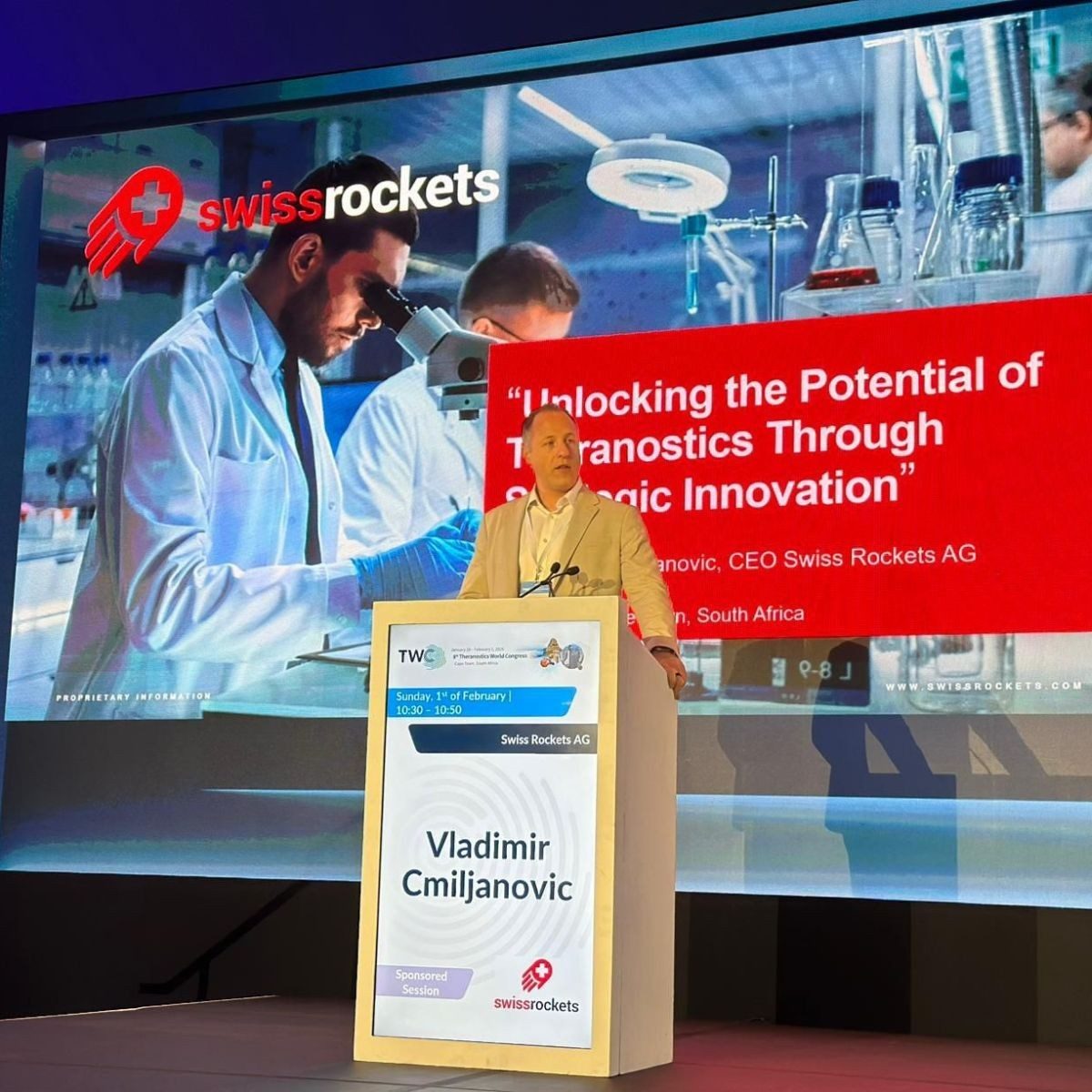 Swiss Rockets CEO Vladimir Cmiljanovic presenting on theranostics