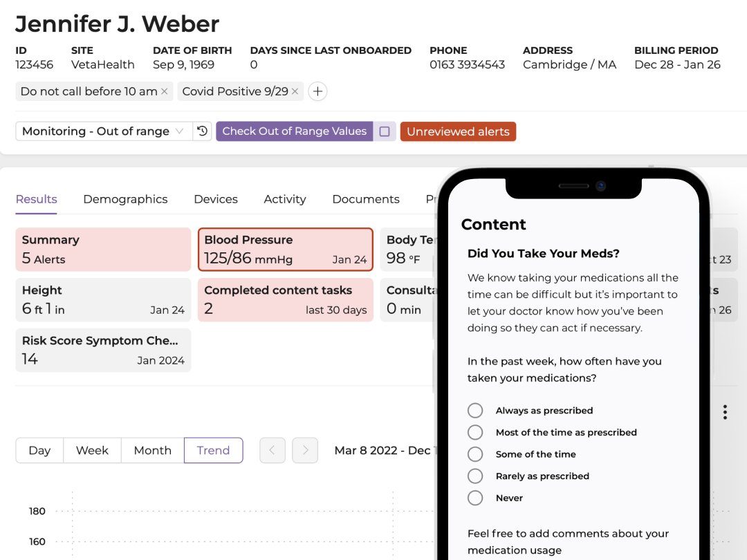 Veta Health clinician dashboard and patient app